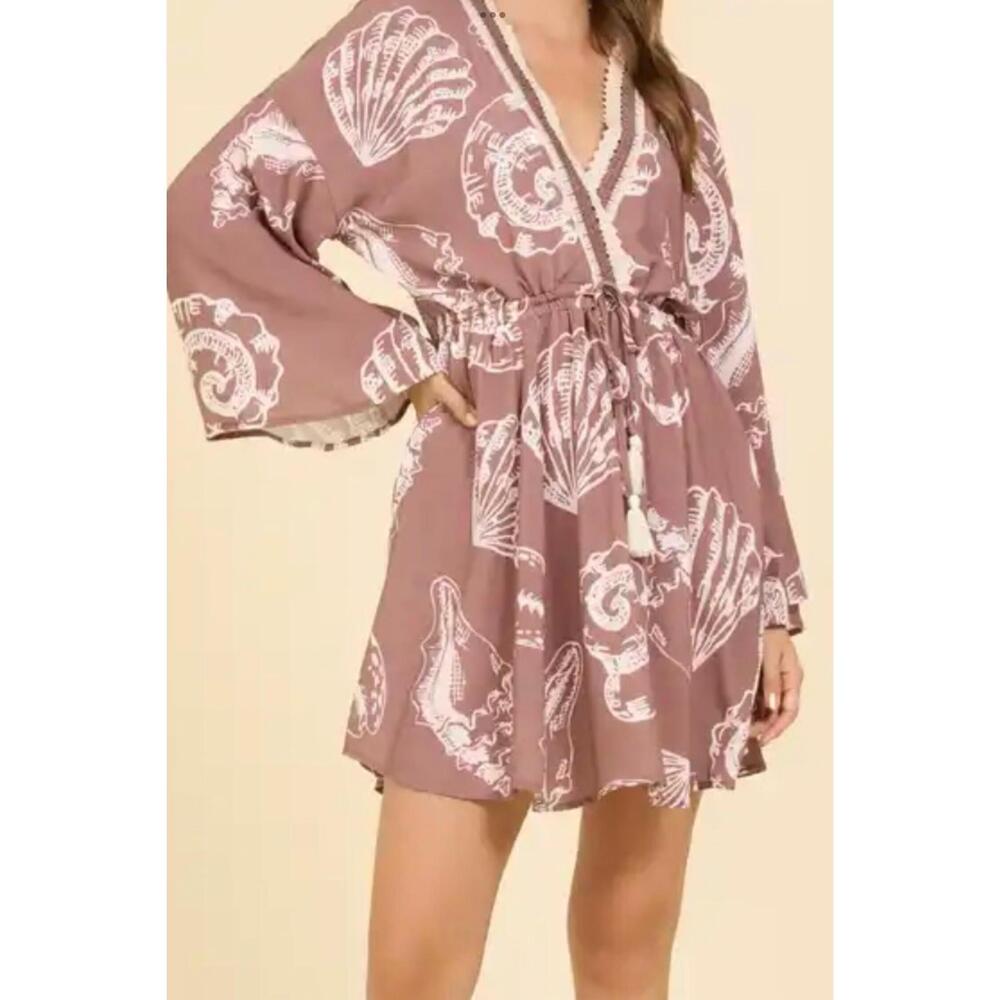 NEW SURF GYPSY shell print v-neck dress in brown